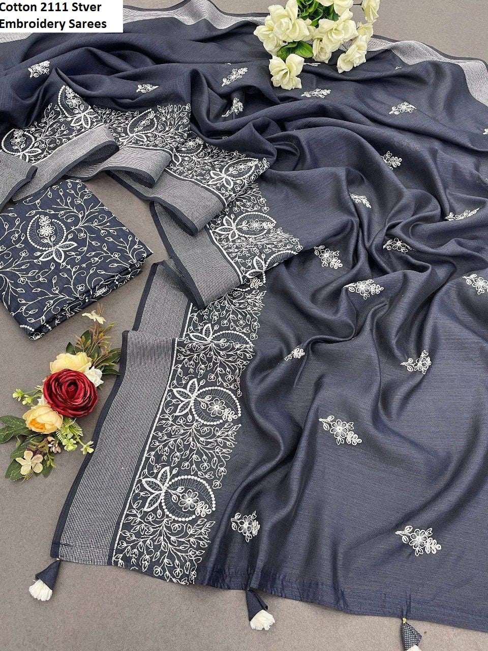 Cotton 2111 Stver Embroidery Sarees