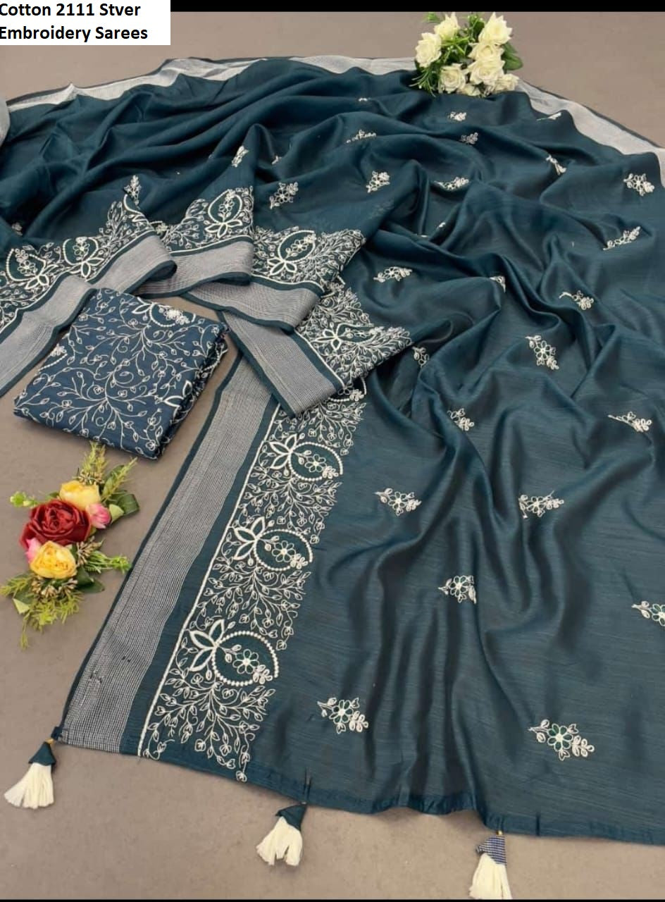 Cotton 2111 Stver Embroidery Sarees