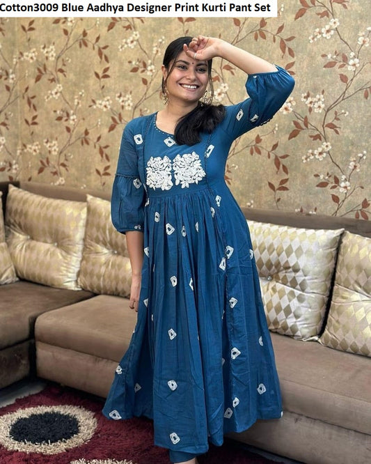 Cotton3009 Blue Aadhya Designer Print Kurti Pant Set