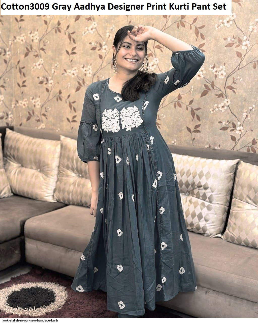 Cotton3009 Grey Aadhya Designer Print Kurti Pant Set