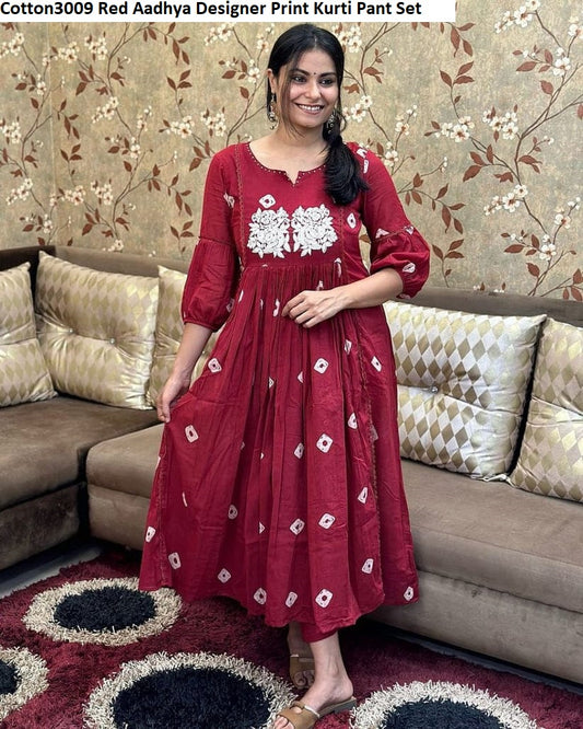 Cotton3009 Red Aadhya Designer Print Kurti Pant Set
