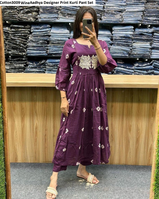 Cotton3009 Wine Aadhya Designer Print Kurti Pant Set
