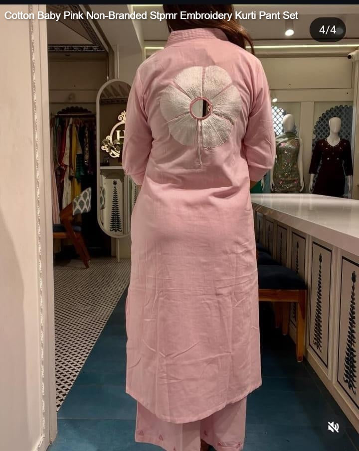 Cotton Baby Pink Non-Branded Stpmr Embroidery Kurti Pant Set