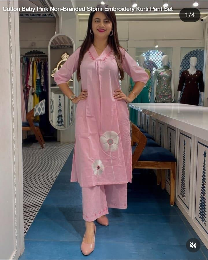 Cotton Baby Pink Non-Branded Stpmr Embroidery Kurti Pant Set