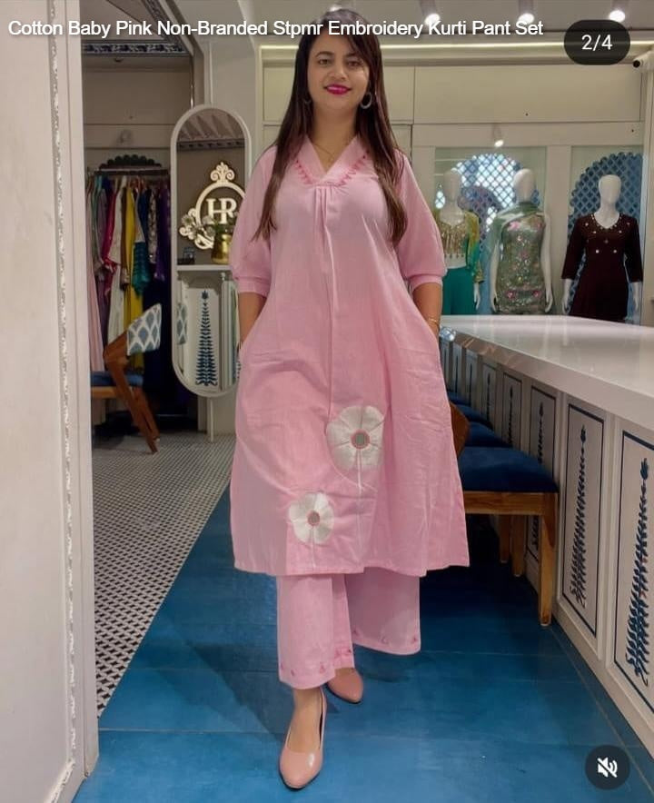Cotton Baby Pink Non-Branded Stpmr Embroidery Kurti Pant Set
