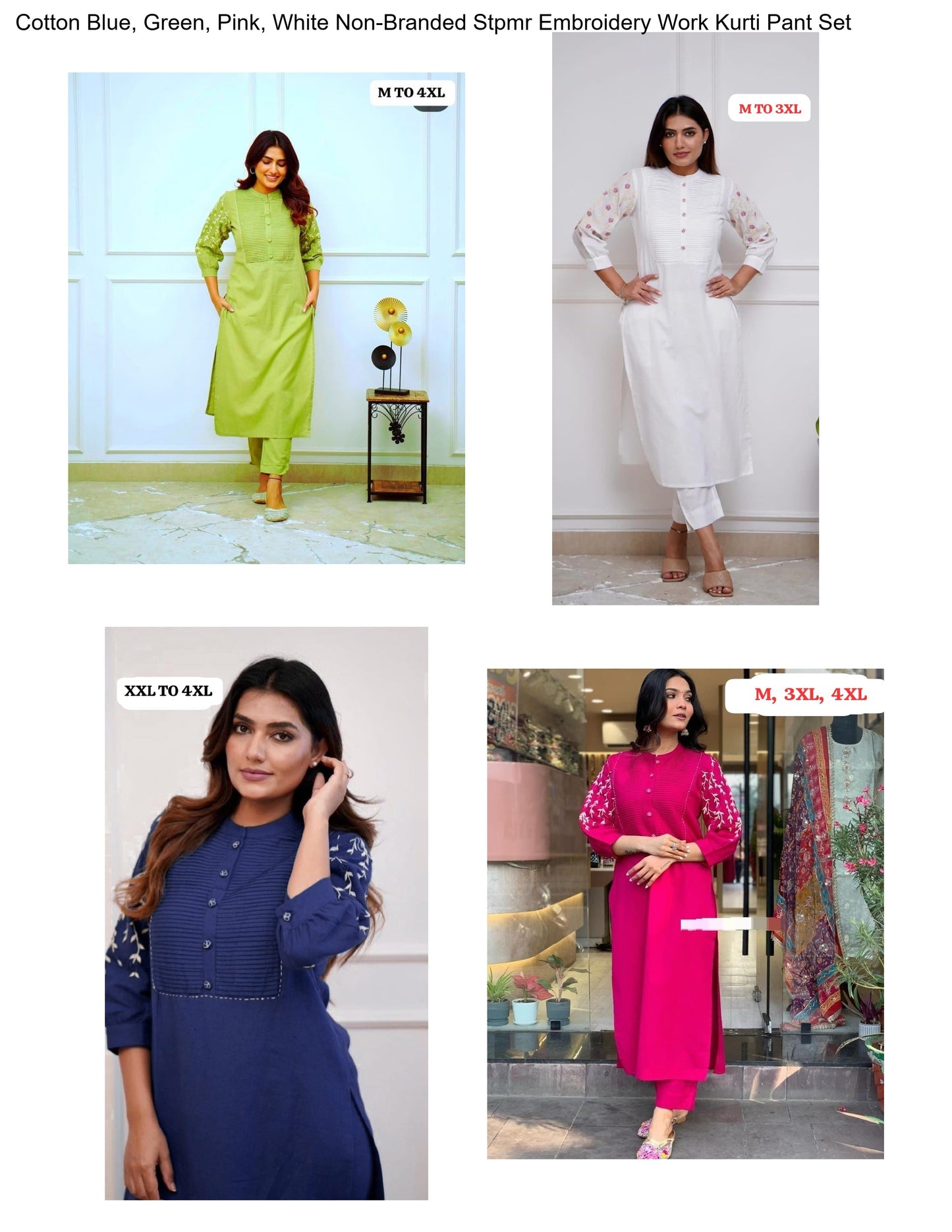 Cotton Blue, Green, Pink, White Non-Branded Stpmr Embroidery Work Kurti Pant Set