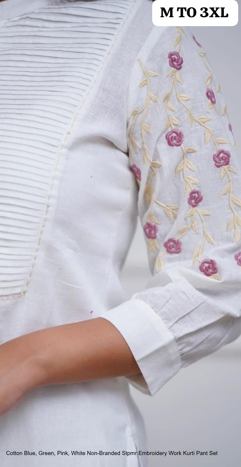 Cotton Blue, Green, Pink, White Non-Branded Stpmr Embroidery Work Kurti Pant Set