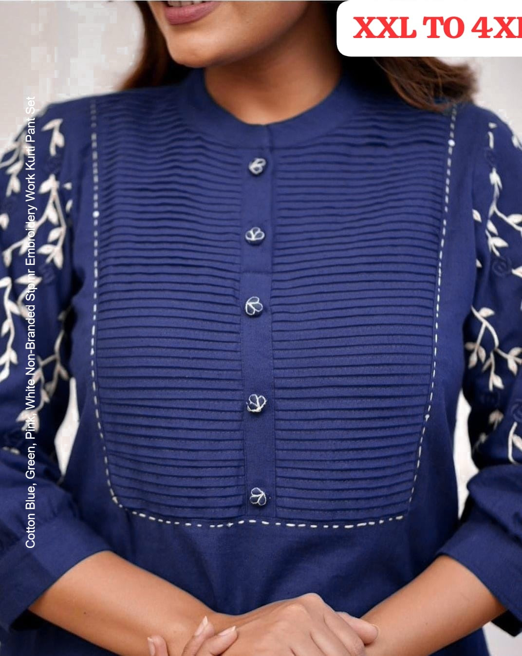 Cotton Blue, Green, Pink, White Non-Branded Stpmr Embroidery Work Kurti Pant Set