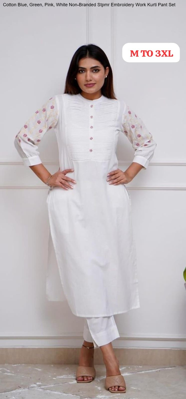 Cotton Blue, Green, Pink, White Non-Branded Stpmr Embroidery Work Kurti Pant Set