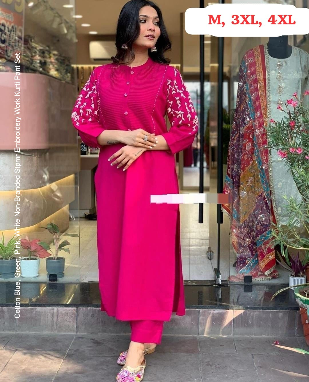 Cotton Blue, Green, Pink, White Non-Branded Stpmr Embroidery Work Kurti Pant Set