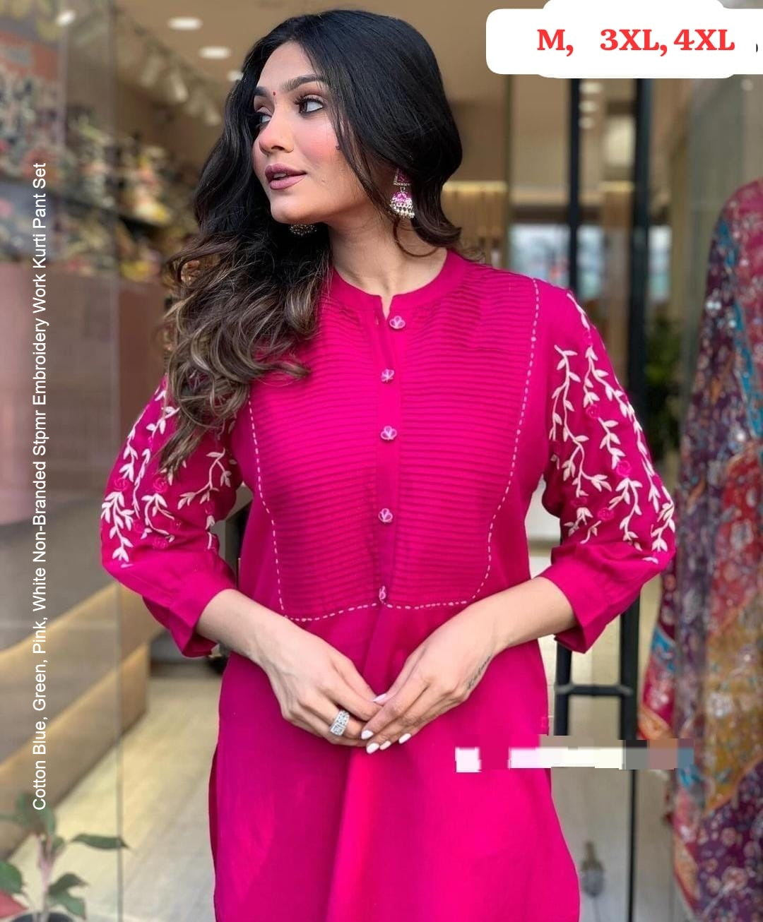 Cotton Blue, Green, Pink, White Non-Branded Stpmr Embroidery Work Kurti Pant Set