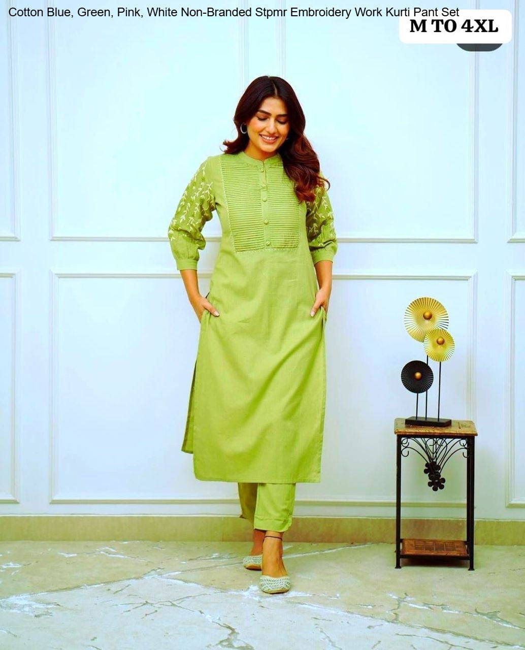 Cotton Blue, Green, Pink, White Non-Branded Stpmr Embroidery Work Kurti Pant Set