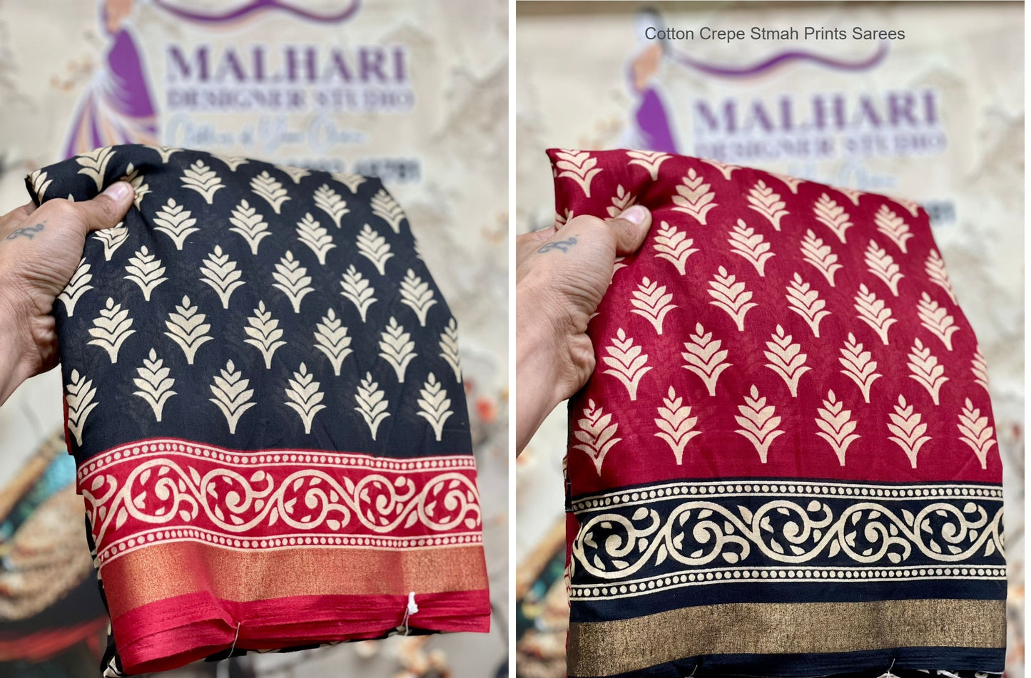 Cotton Crepe Stmah Prints Sarees