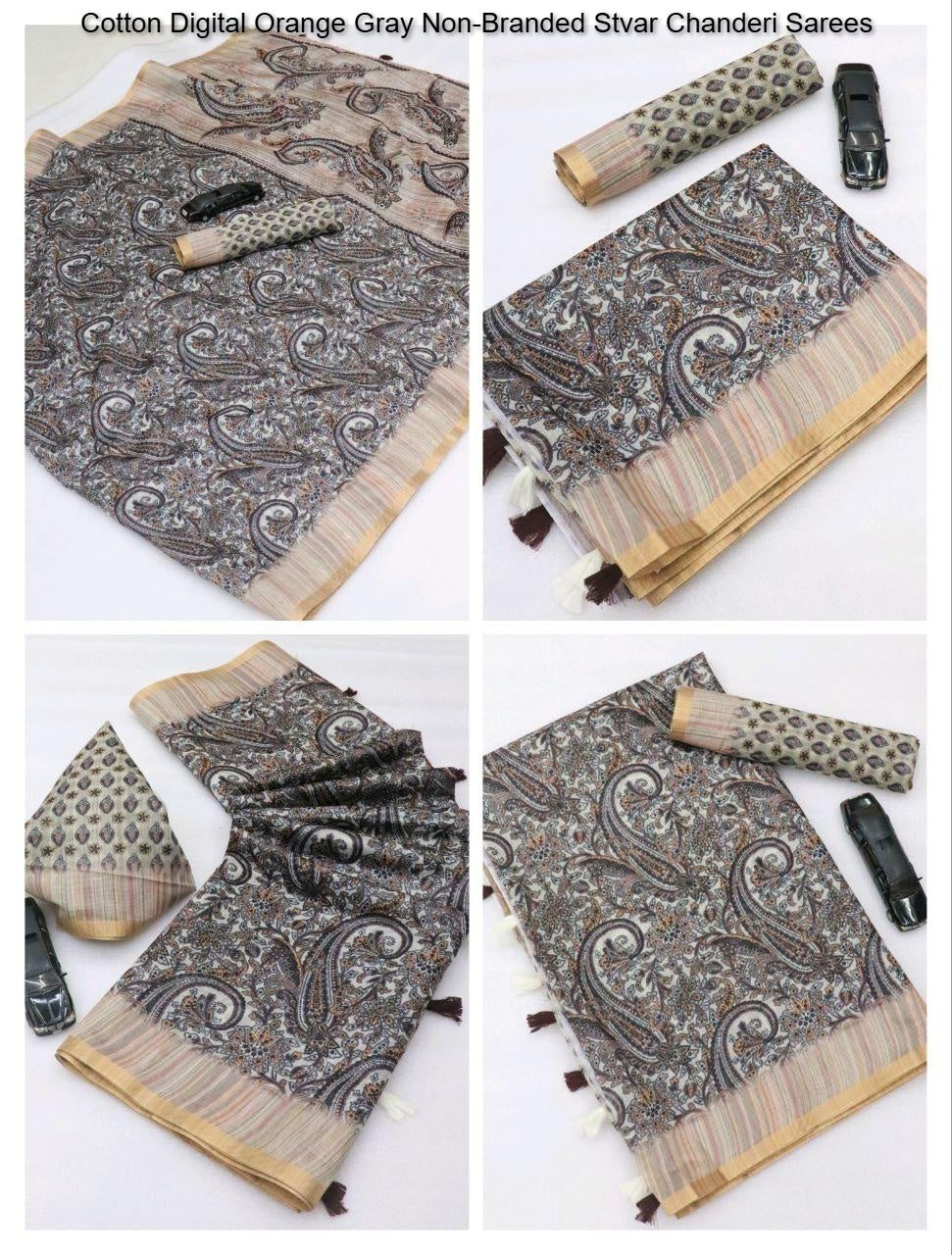 Cotton Digital Orange Gray Non-Branded Stvar Chanderi Sarees