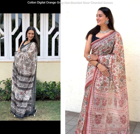Cotton Digital Orange Gray Non-Branded Stvar Chanderi Sarees