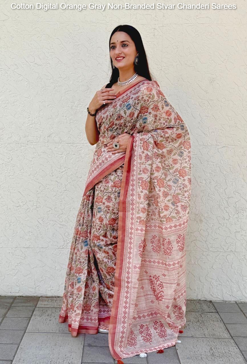 Cotton Digital Orange Gray Non-Branded Stvar Chanderi Sarees