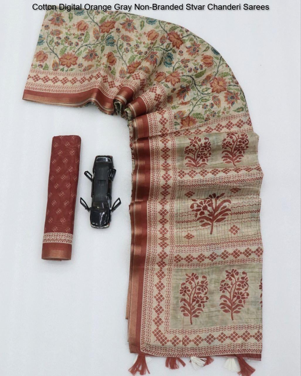 Cotton Digital Orange Gray Non-Branded Stvar Chanderi Sarees