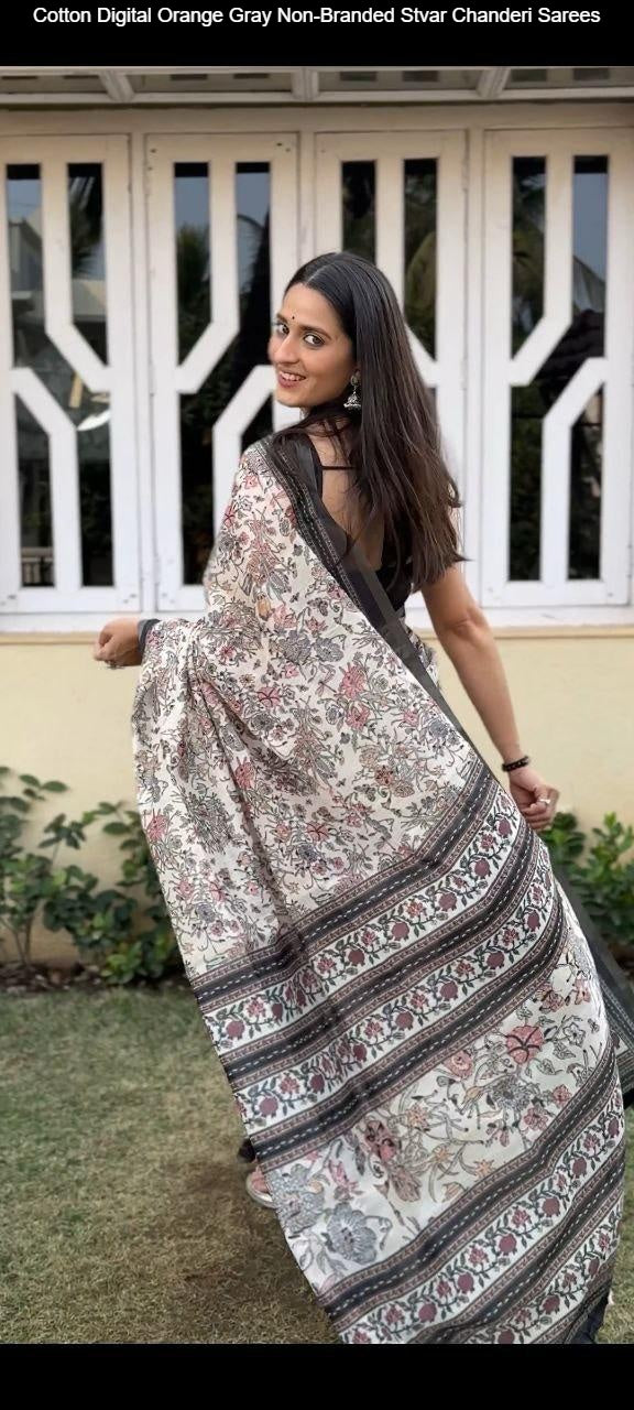 Cotton Digital Orange Gray Non-Branded Stvar Chanderi Sarees