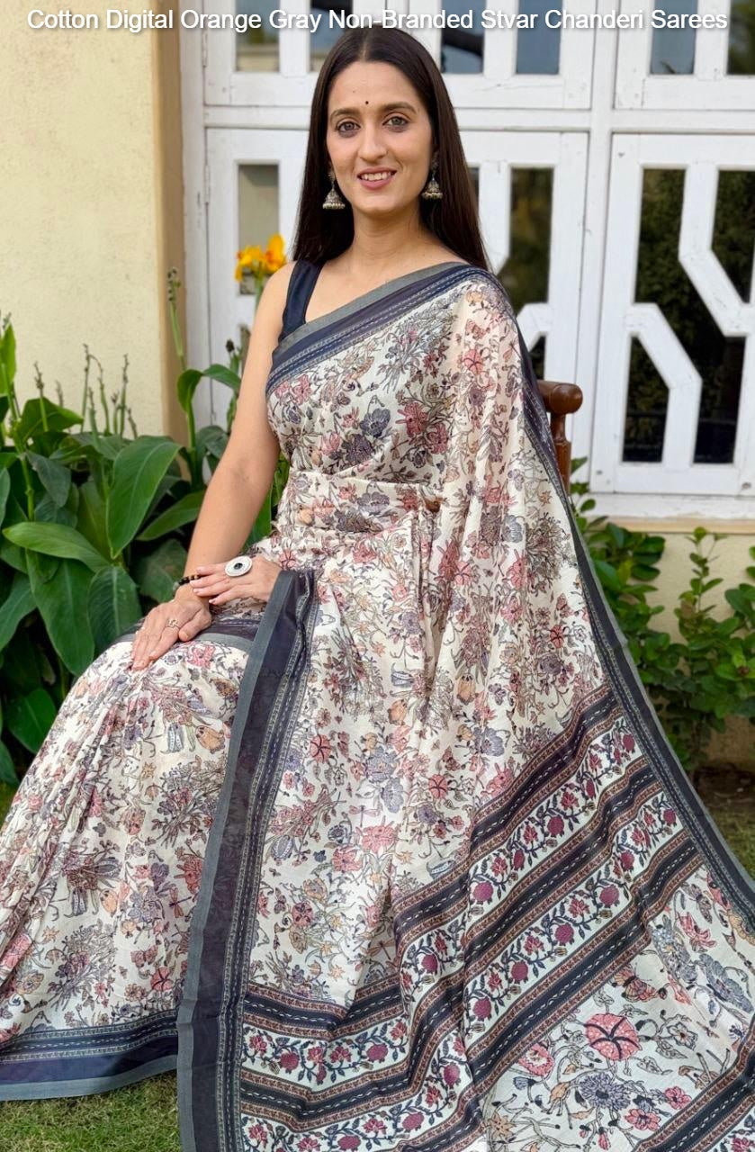 Cotton Digital Orange Gray Non-Branded Stvar Chanderi Sarees