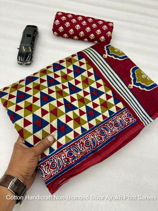 Cotton Handicraft Non-Branded Stvar Ajrakh Print Sarees