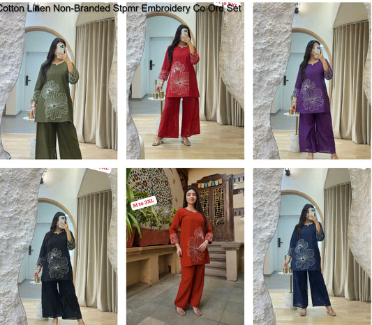Cotton Linen Non-Branded Stpmr Embroidery Co Ord Set
