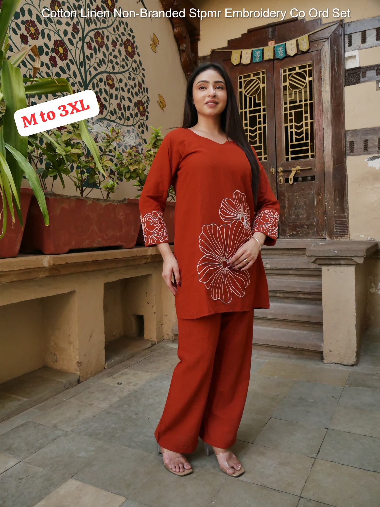 Cotton Linen Non-Branded Stpmr Embroidery Co Ord Set