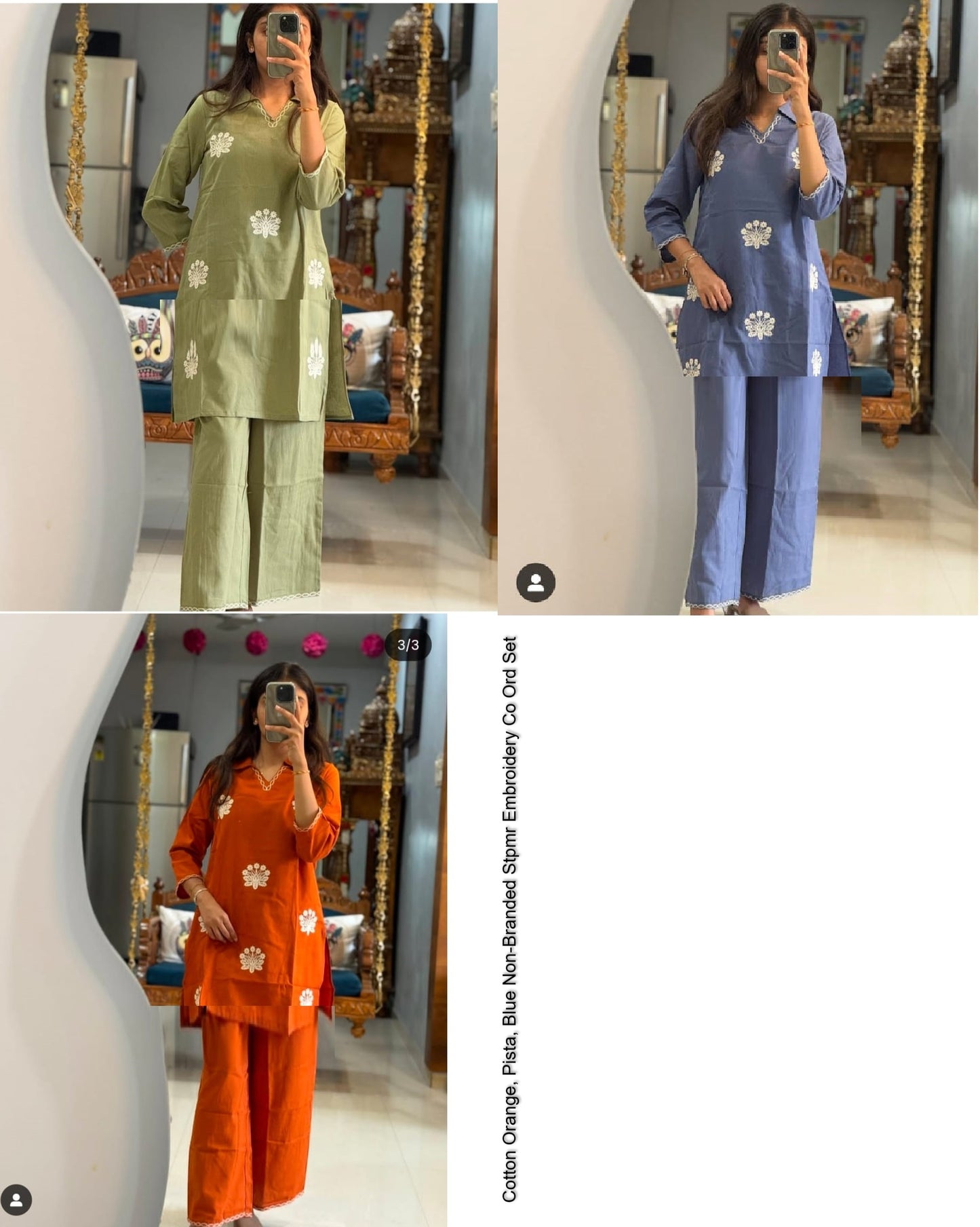 Cotton Orange, Pista, Blue Non-Branded Stpmr Embroidery Co Ord Set