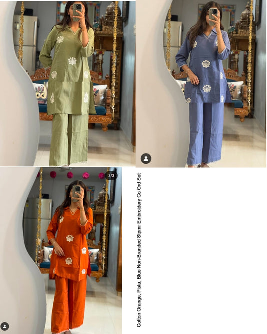 Cotton Orange, Pista, Blue Non-Branded Stpmr Embroidery Co Ord Set