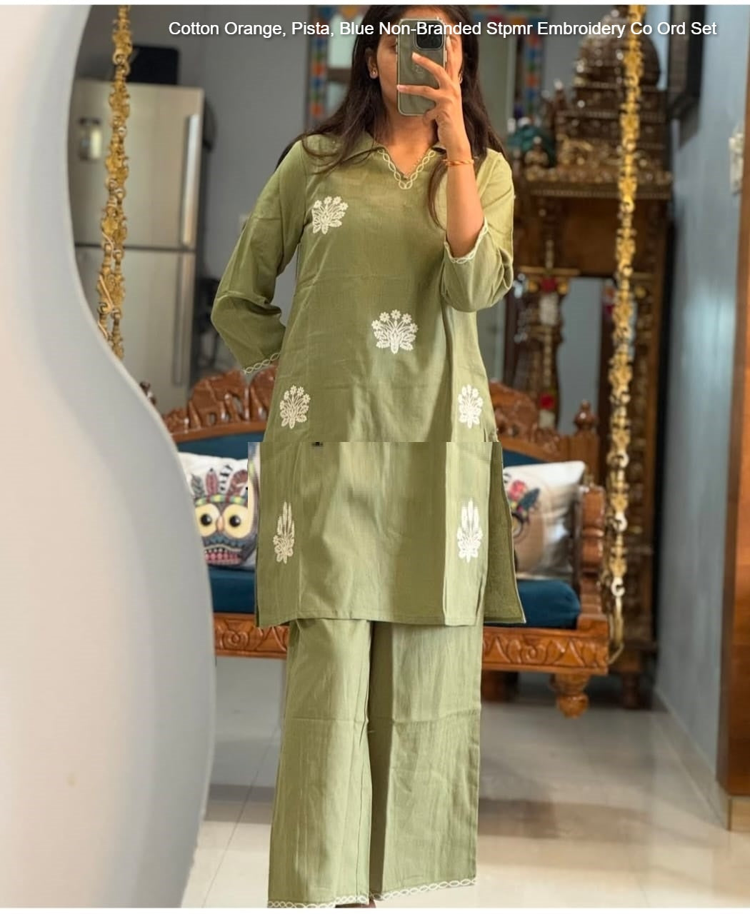 Cotton Orange, Pista, Blue Non-Branded Stpmr Embroidery Co Ord Set