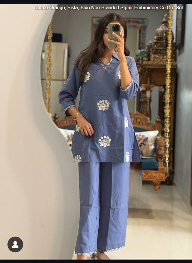 Cotton Orange, Pista, Blue Non-Branded Stpmr Embroidery Co Ord Set