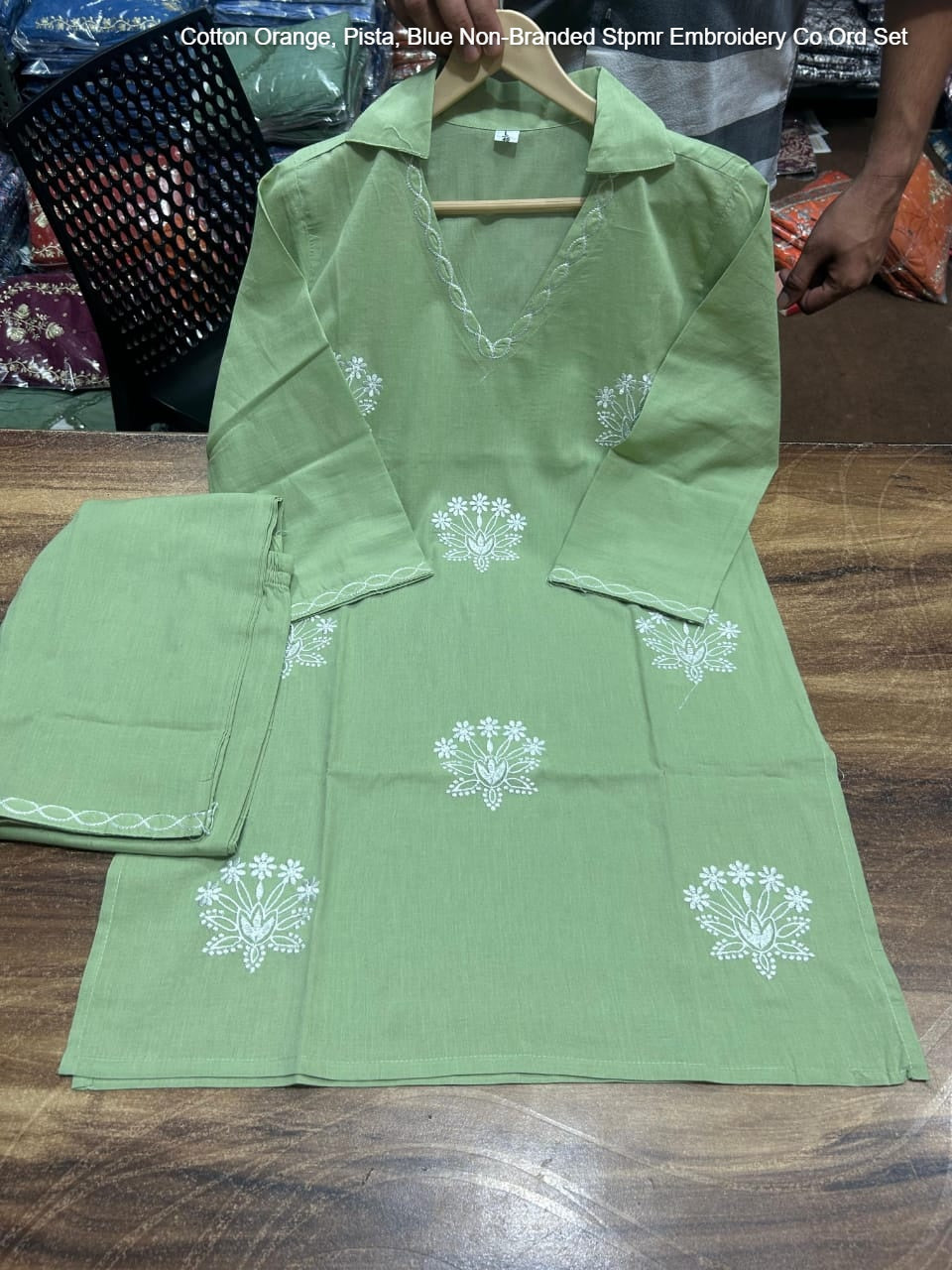 Cotton Orange, Pista, Blue Non-Branded Stpmr Embroidery Co Ord Set