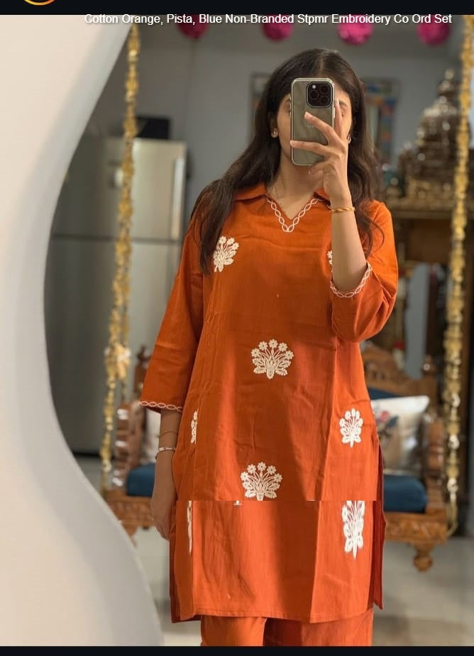 Cotton Orange, Pista, Blue Non-Branded Stpmr Embroidery Co Ord Set