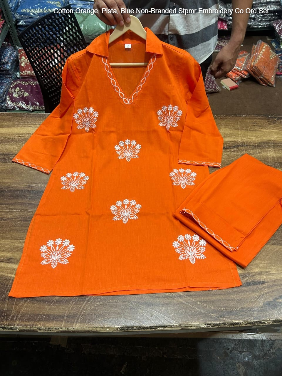 Cotton Orange, Pista, Blue Non-Branded Stpmr Embroidery Co Ord Set