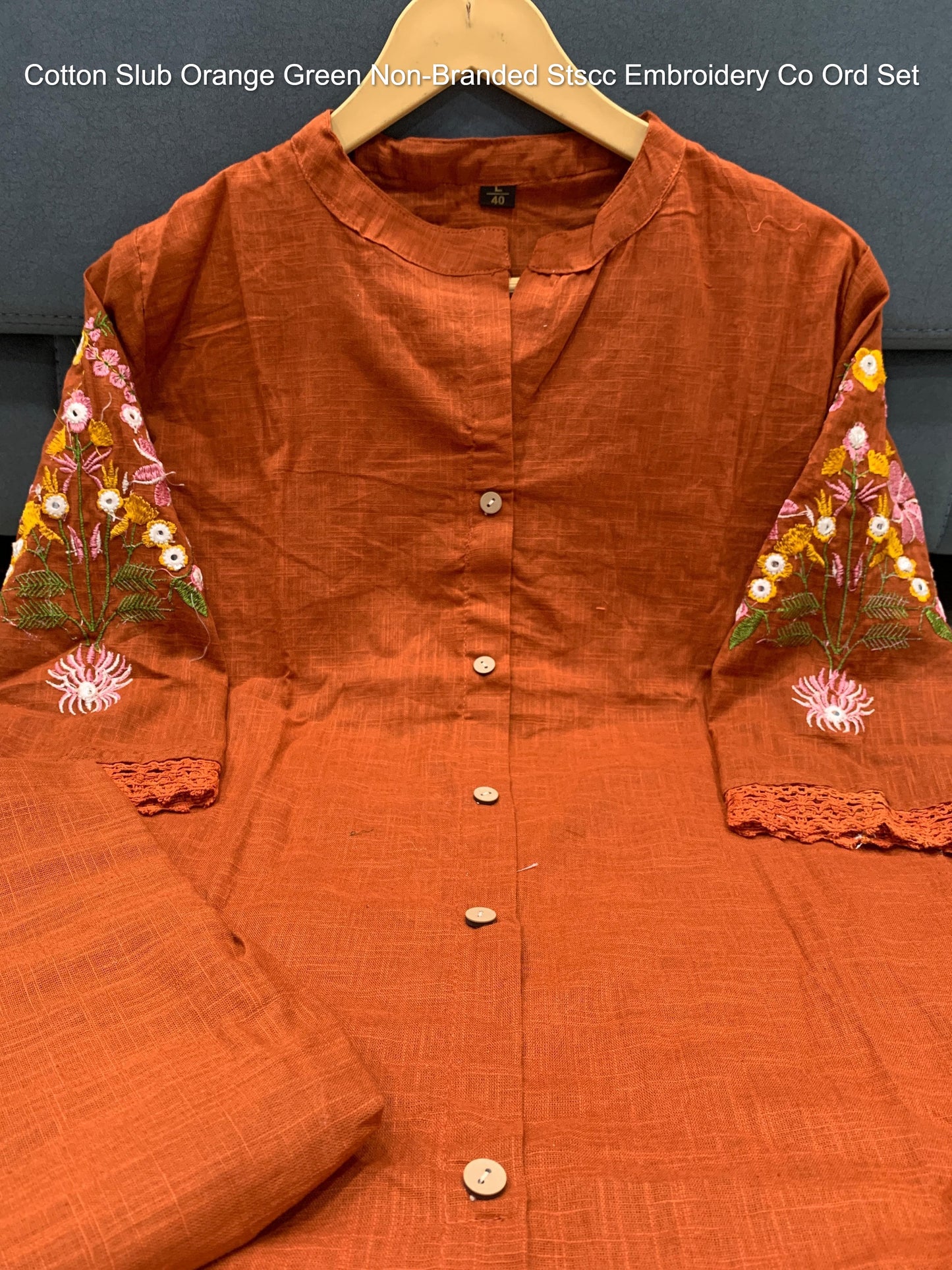 Cotton Slub Orange Green Non-Branded Stscc Embroidery Co Ord Set