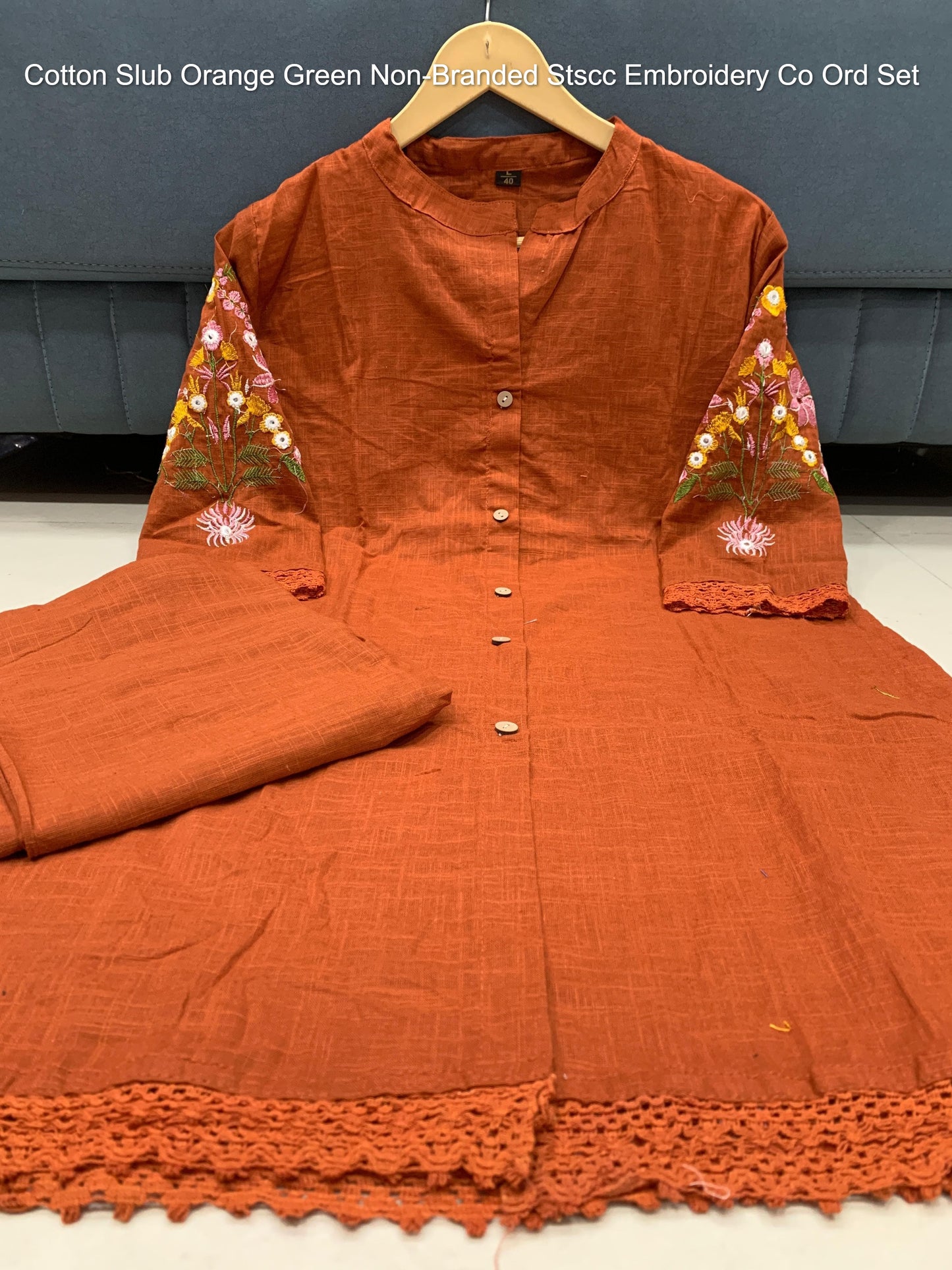 Cotton Slub Orange Green Non-Branded Stscc Embroidery Co Ord Set