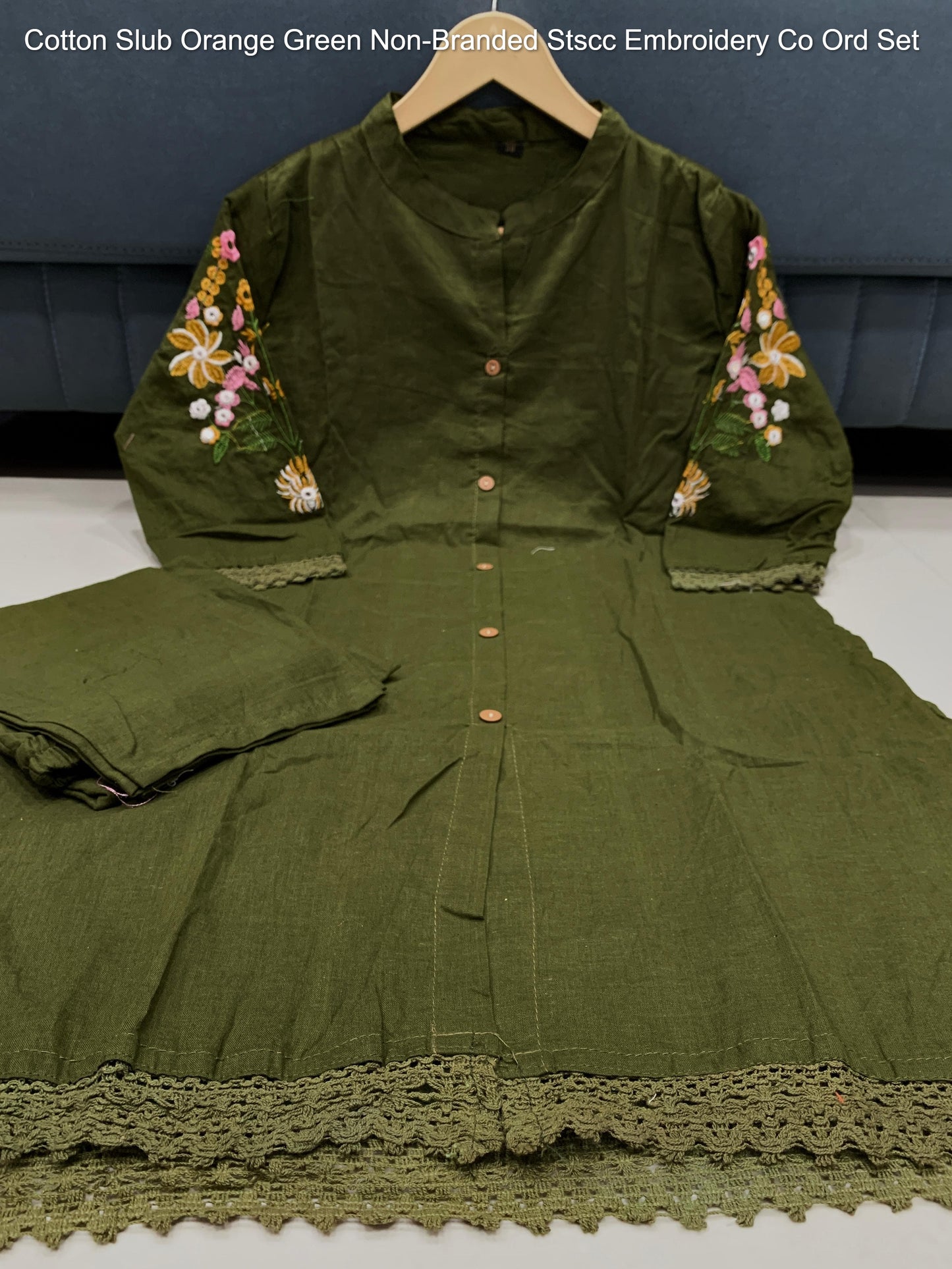 Cotton Slub Orange Green Non-Branded Stscc Embroidery Co Ord Set