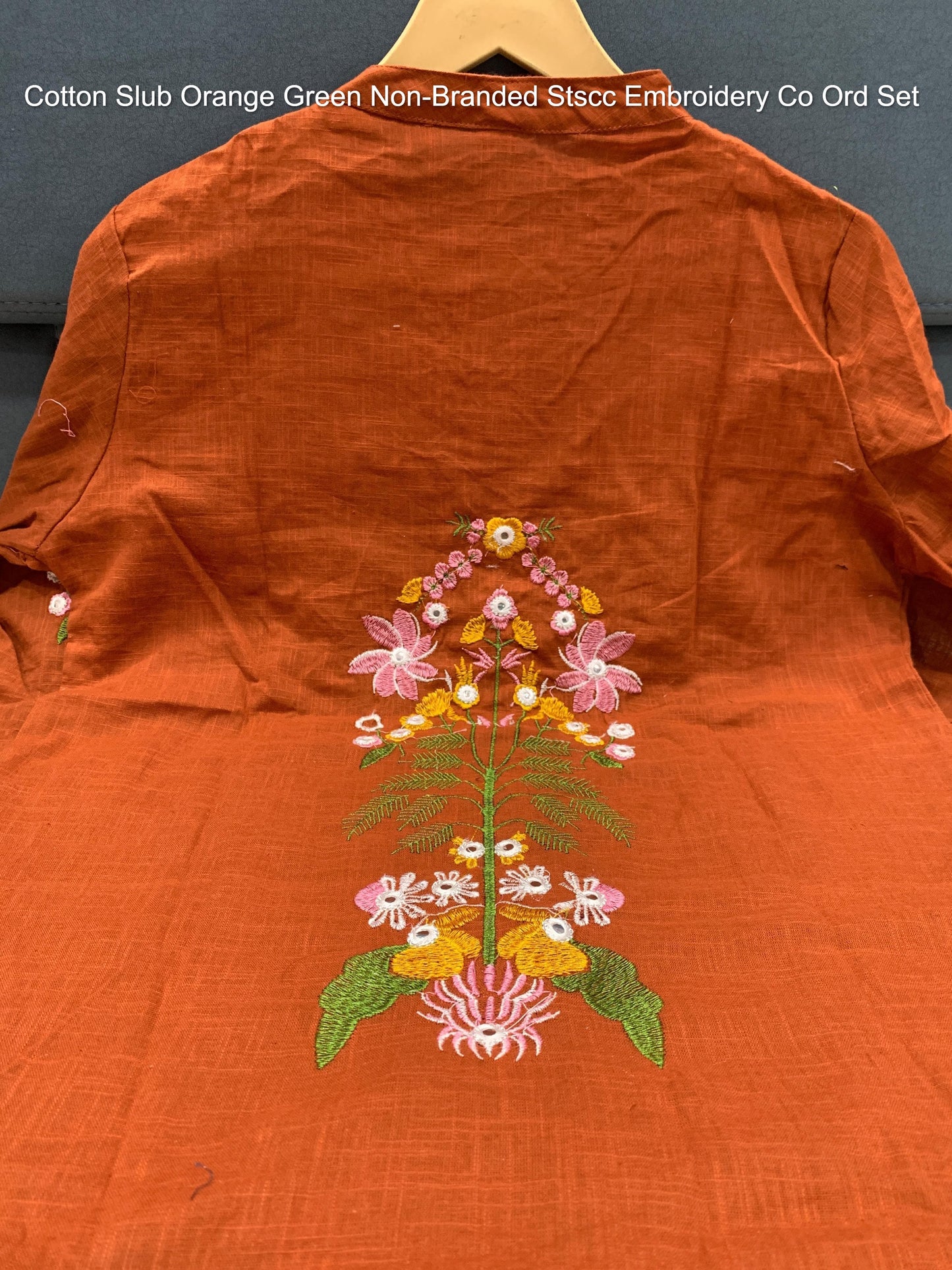 Cotton Slub Orange Green Non-Branded Stscc Embroidery Co Ord Set
