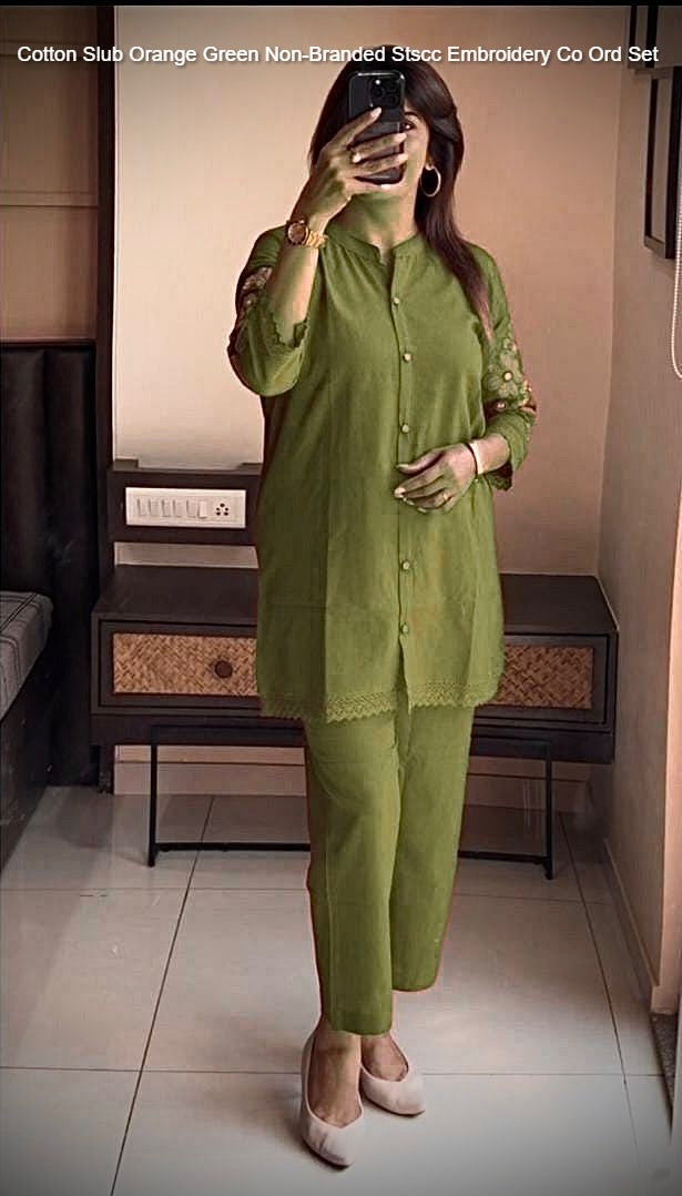 Cotton Slub Orange Green Non-Branded Stscc Embroidery Co Ord Set