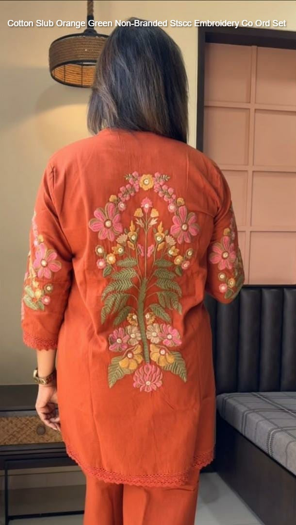 Cotton Slub Orange Green Non-Branded Stscc Embroidery Co Ord Set