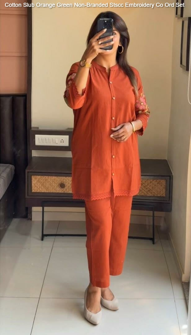 Cotton Slub Orange Green Non-Branded Stscc Embroidery Co Ord Set
