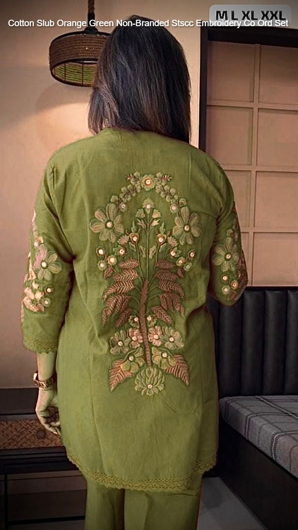 Cotton Slub Orange Green Non-Branded Stscc Embroidery Co Ord Set
