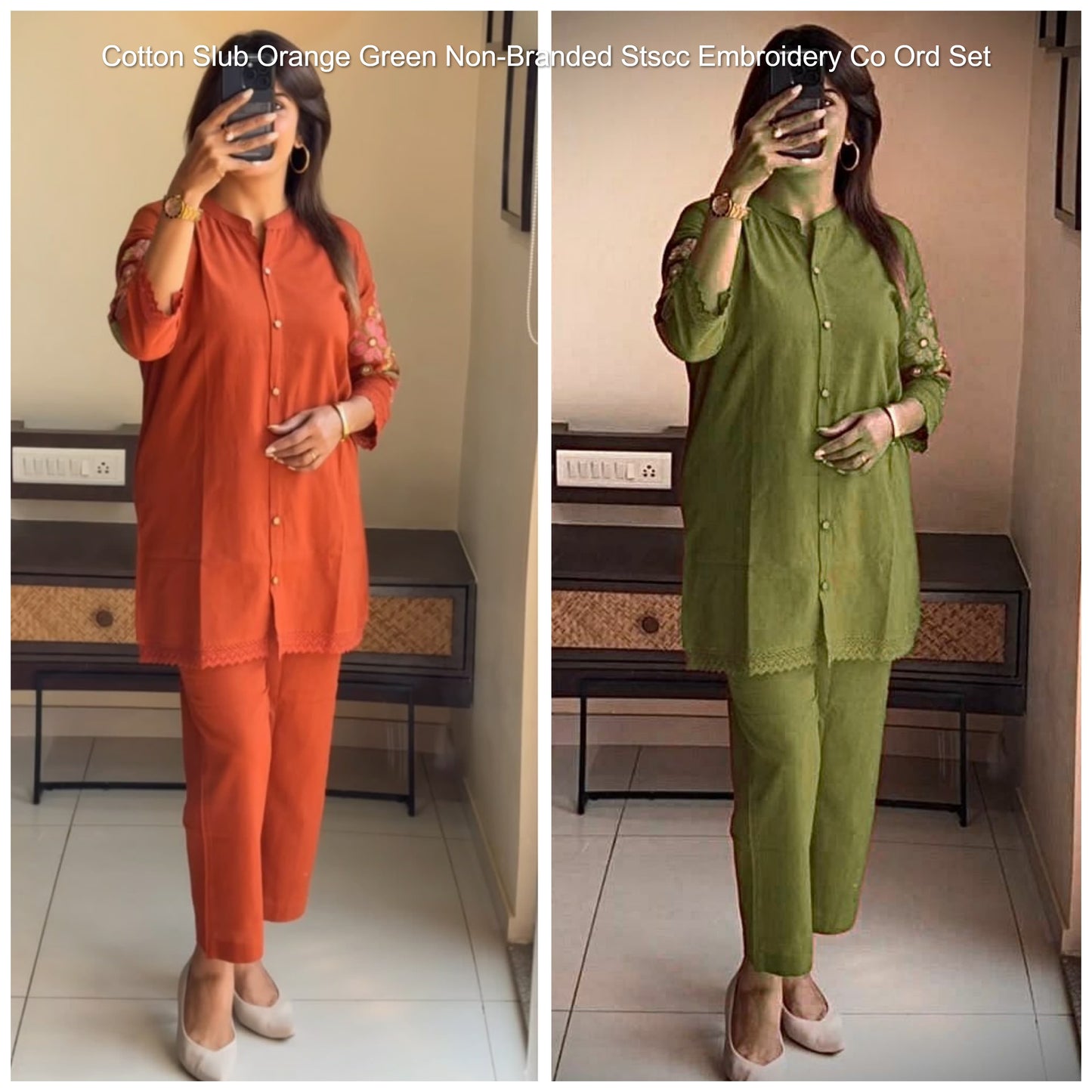 Cotton Slub Orange Green Non-Branded Stscc Embroidery Co Ord Set