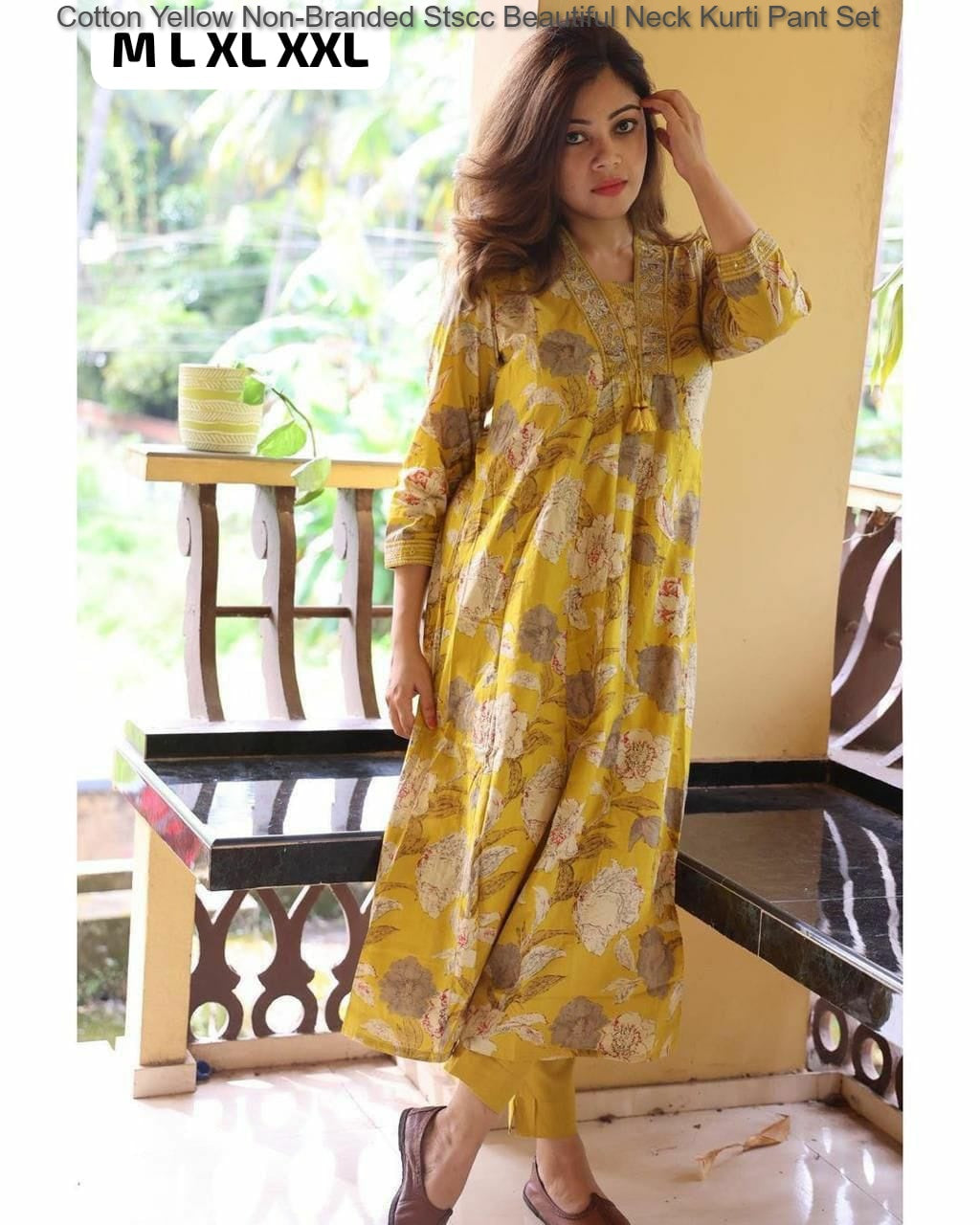 Cotton Yellow Non-Branded Stscc Beautiful Neck Kurti Pant Set