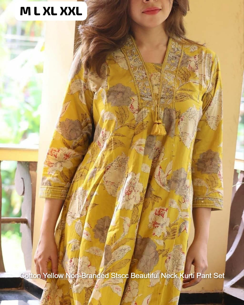 Cotton Yellow Non-Branded Stscc Beautiful Neck Kurti Pant Set