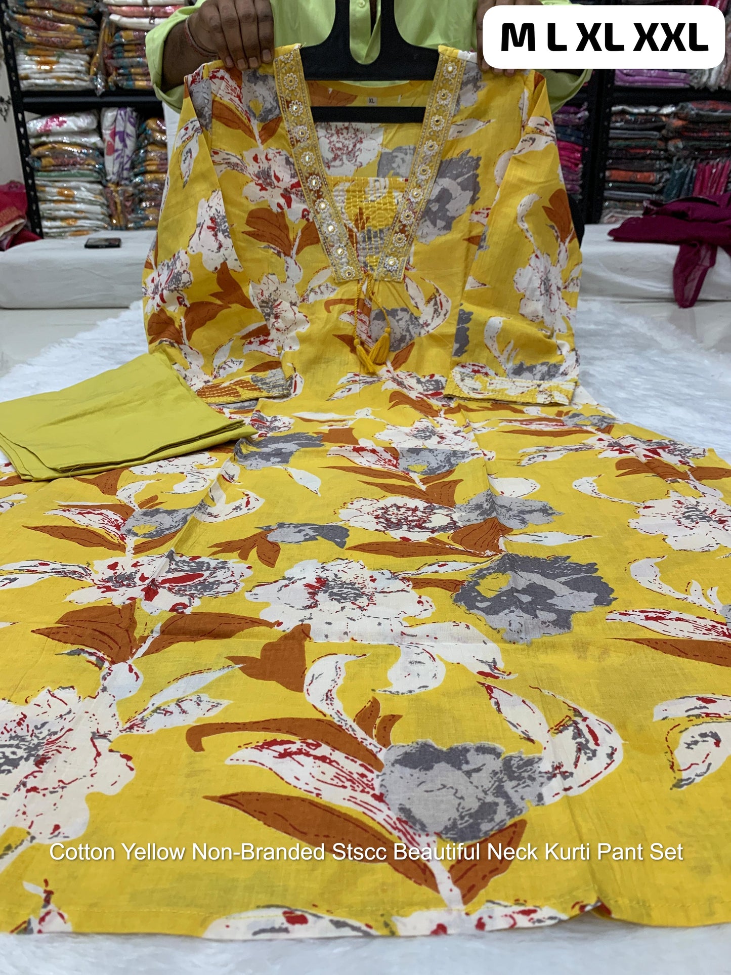 Cotton Yellow Non-Branded Stscc Beautiful Neck Kurti Pant Set