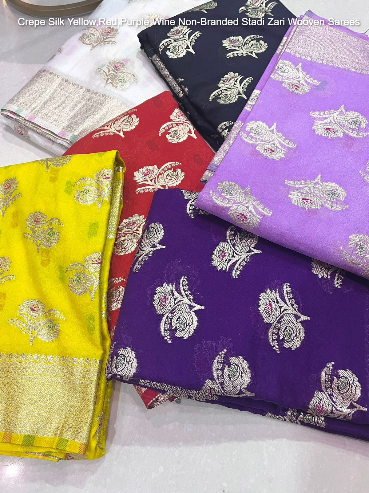 Crepe Silk Yellow,Red,Purple,Wine Non-Branded Stadi Zari Wooven Sarees