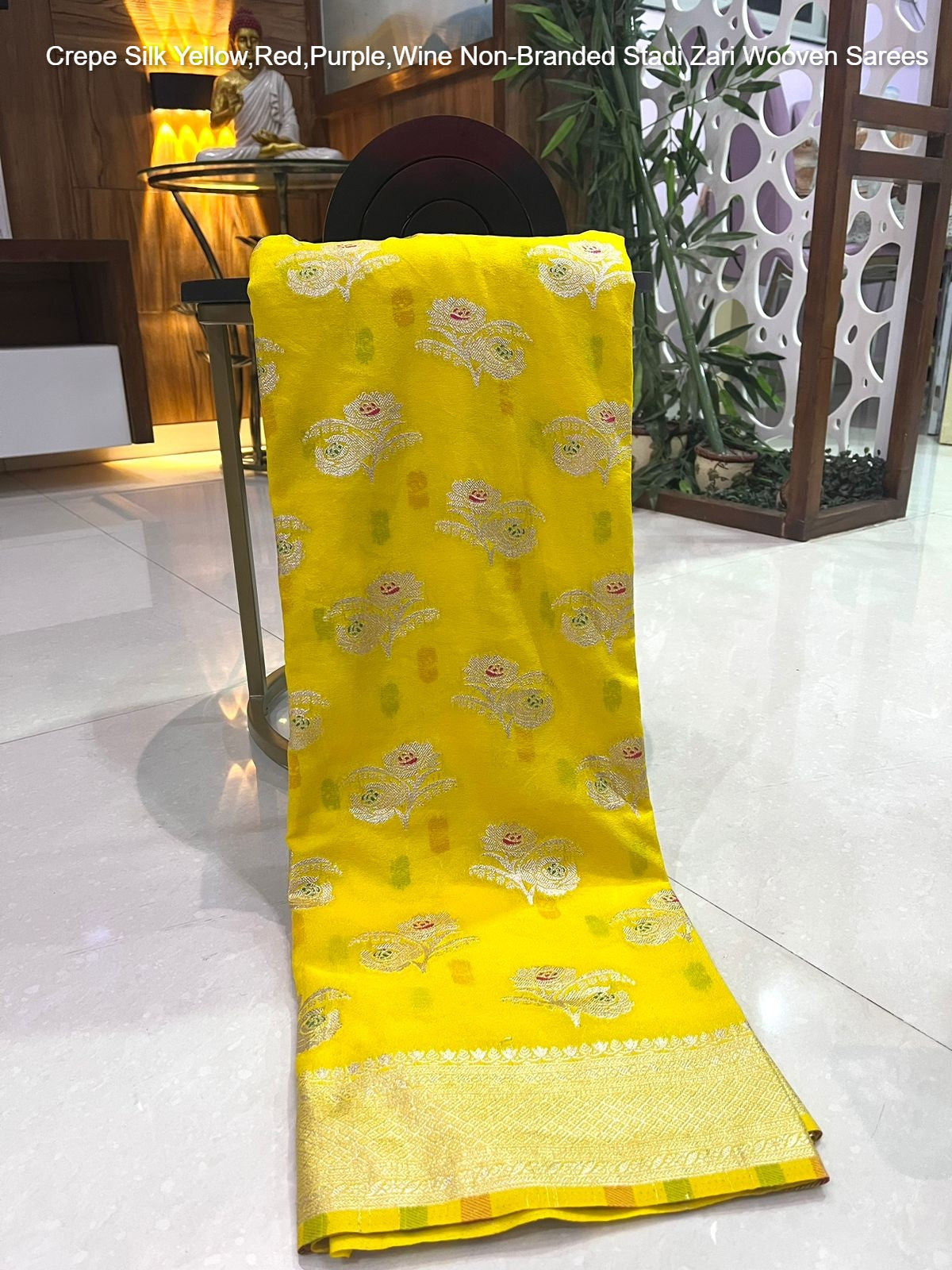 Crepe Silk Yellow,Red,Purple,Wine Non-Branded Stadi Zari Wooven Sarees