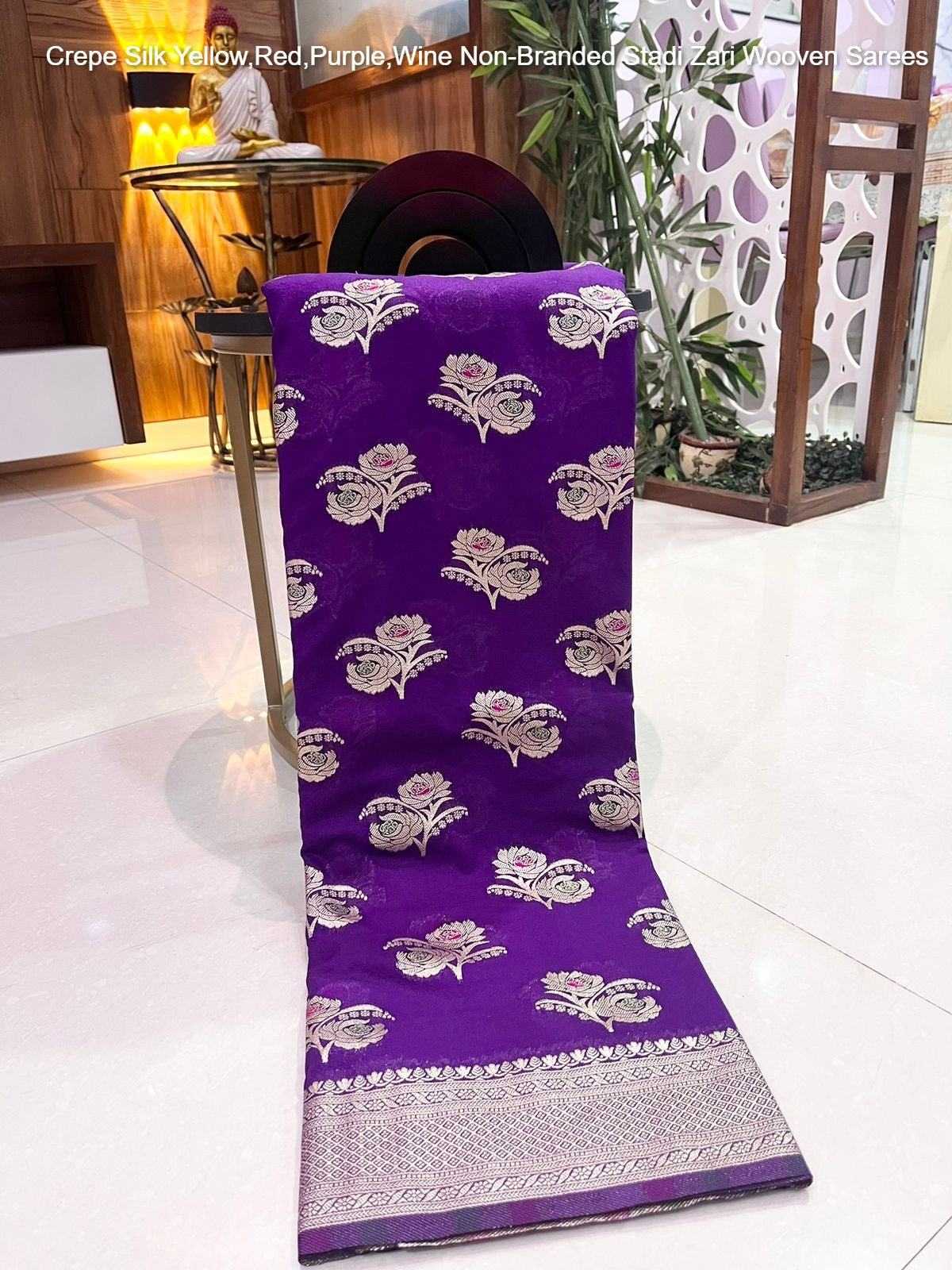 Crepe Silk Yellow,Red,Purple,Wine Non-Branded Stadi Zari Wooven Sarees