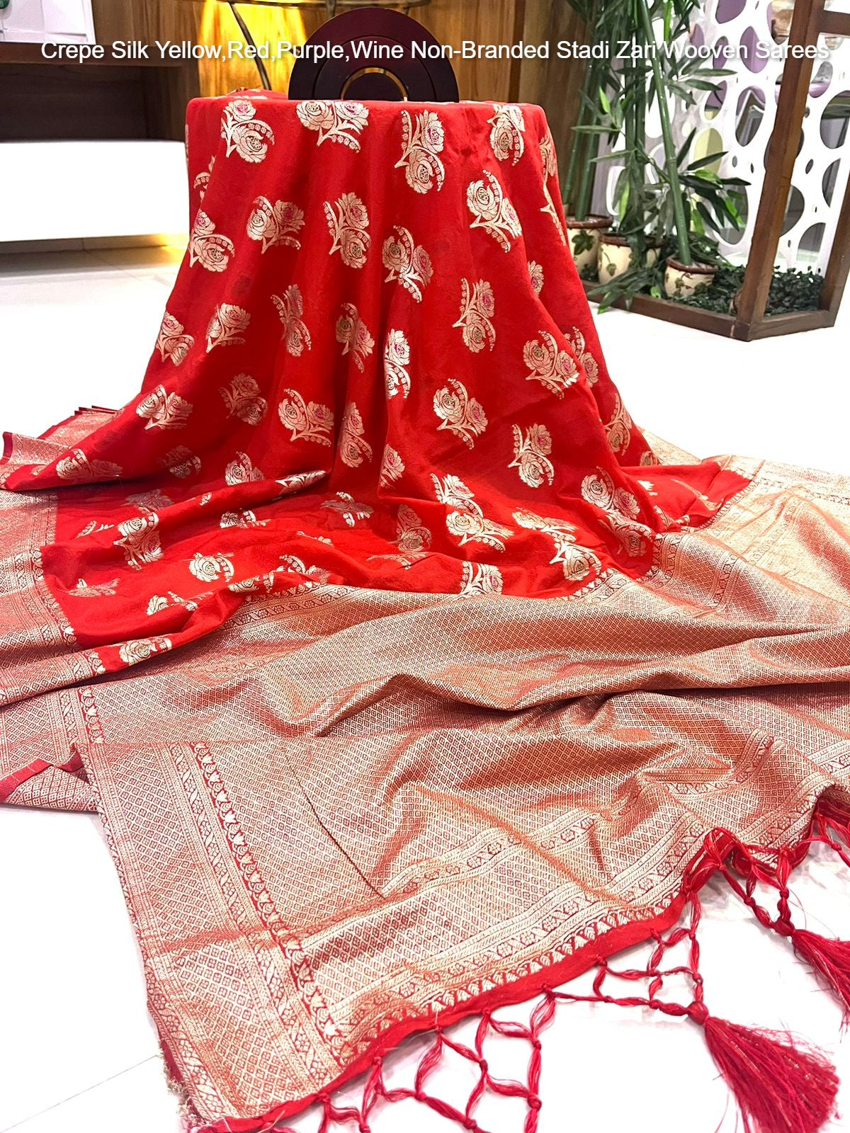 Crepe Silk Yellow,Red,Purple,Wine Non-Branded Stadi Zari Wooven Sarees