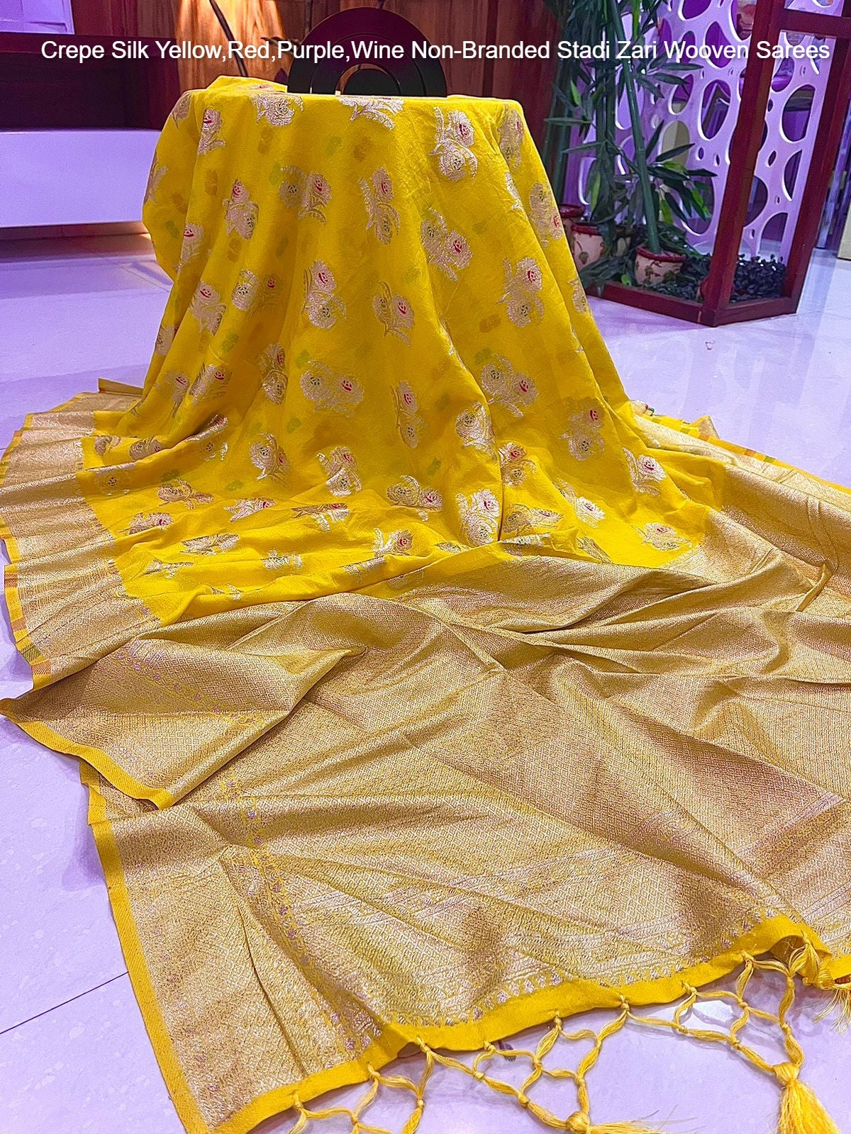 Crepe Silk Yellow,Red,Purple,Wine Non-Branded Stadi Zari Wooven Sarees